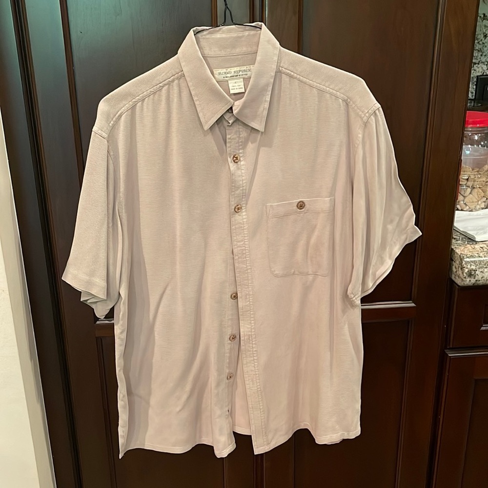 Island Republic cream/ taupe silk shirt. Dry cleaned